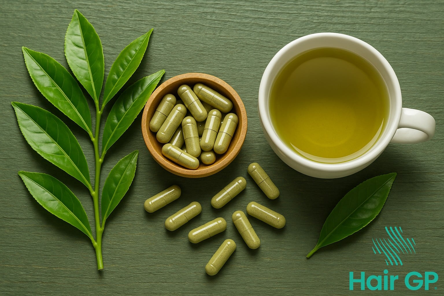 Green tea extract supplements and fresh tea for natural DHT blocking