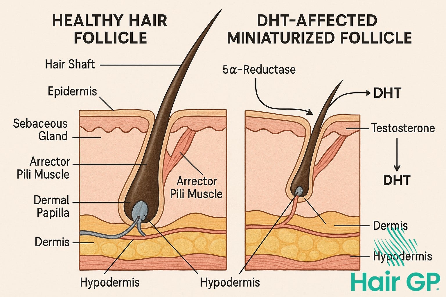 Diagram showing how DHT causes hair follicle miniaturization in androgenetic alopecia