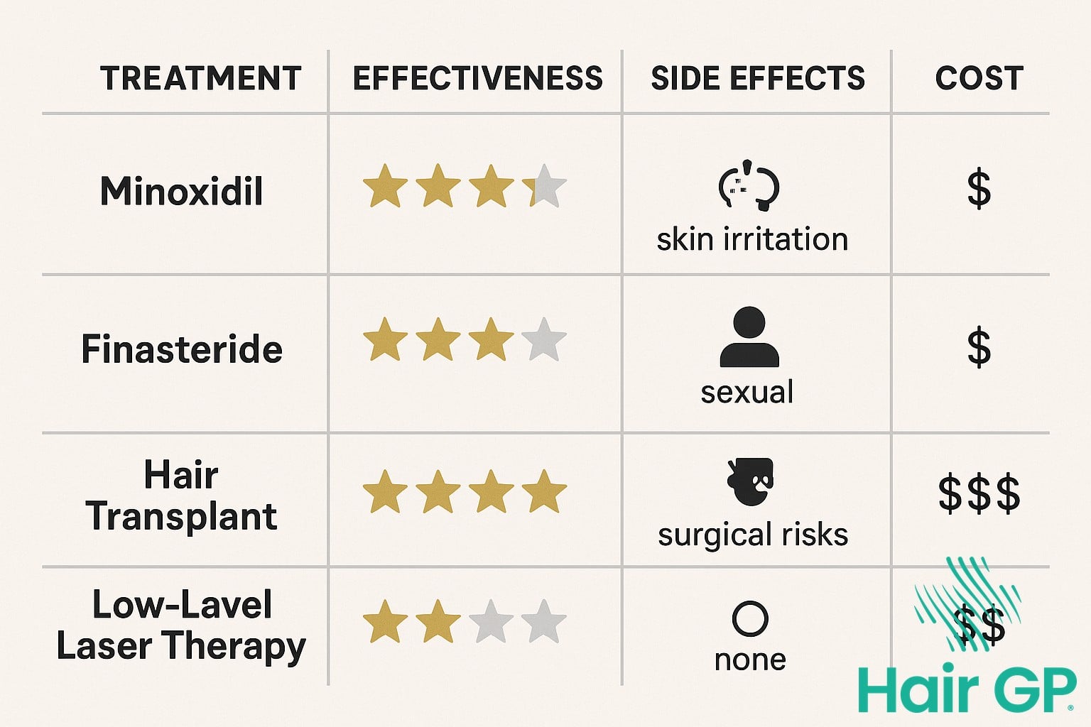 Comparison chart of hair loss treatments including saw palmetto, finasteride, and minoxidil