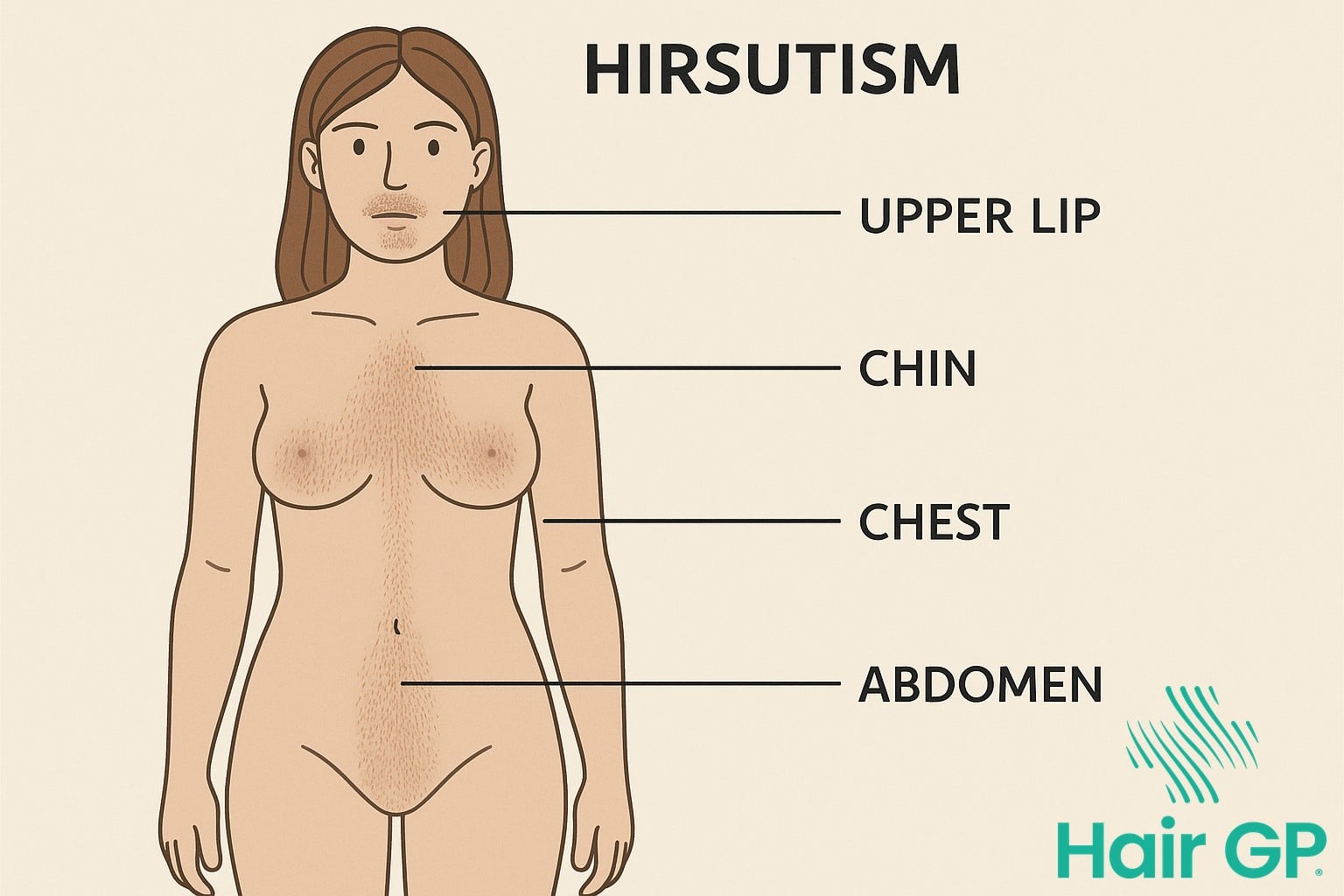 Diagram showing excessive hair growth patterns in hirsutism affecting facial hair and body areas