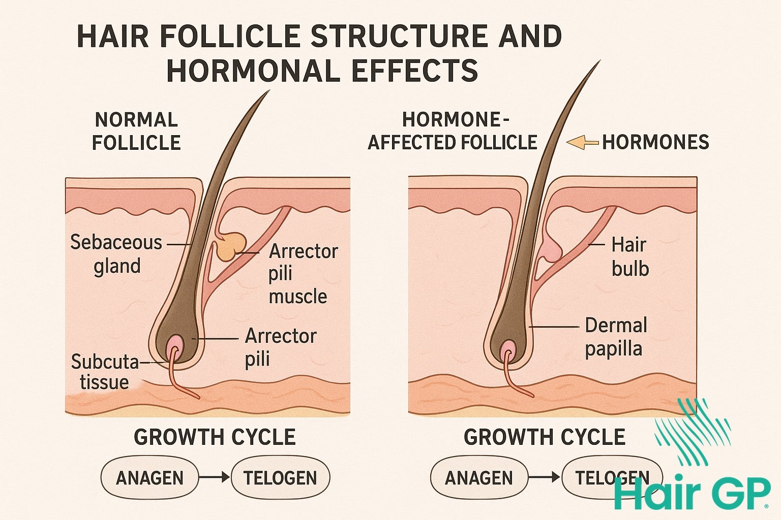 Diagram showing how hormones cause excess hair growth in hair follicles