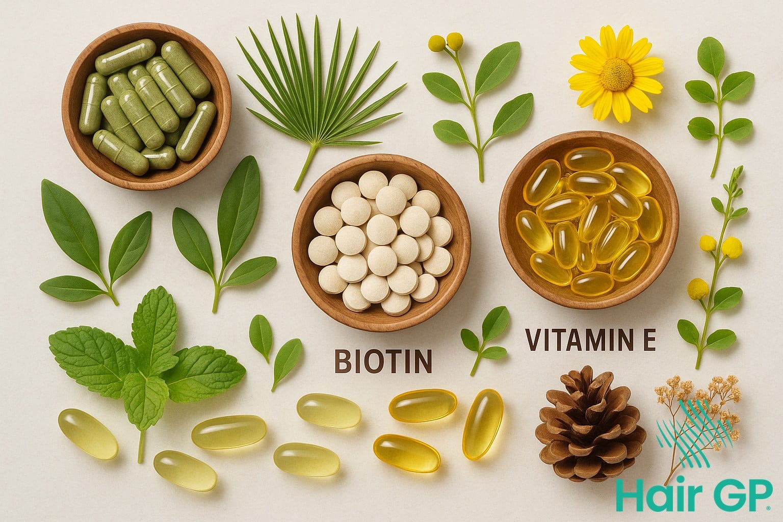 Natural hair supplements including saw palmetto, biotin, and vitamins for hair growth