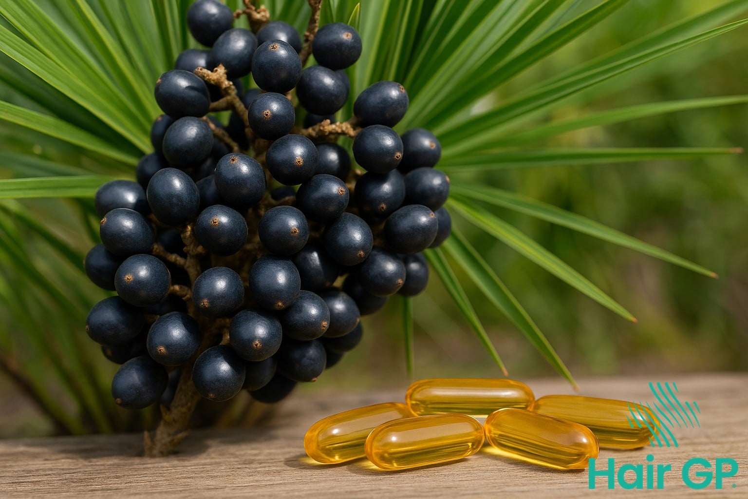 Saw palmetto berries and supplement capsules for natural hair loss treatment