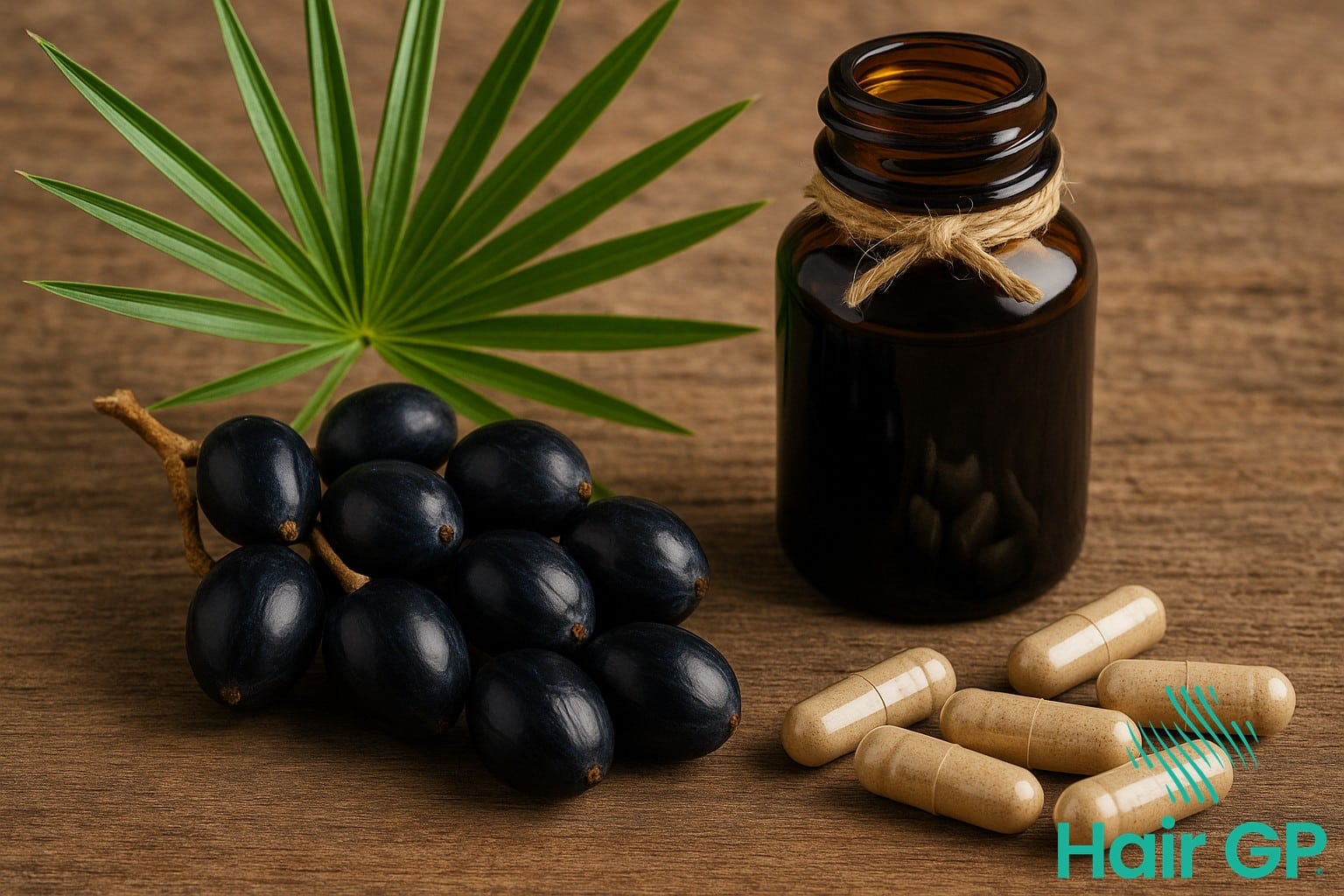 Saw palmetto berries and supplement capsules for natural DHT blocking and hair growth