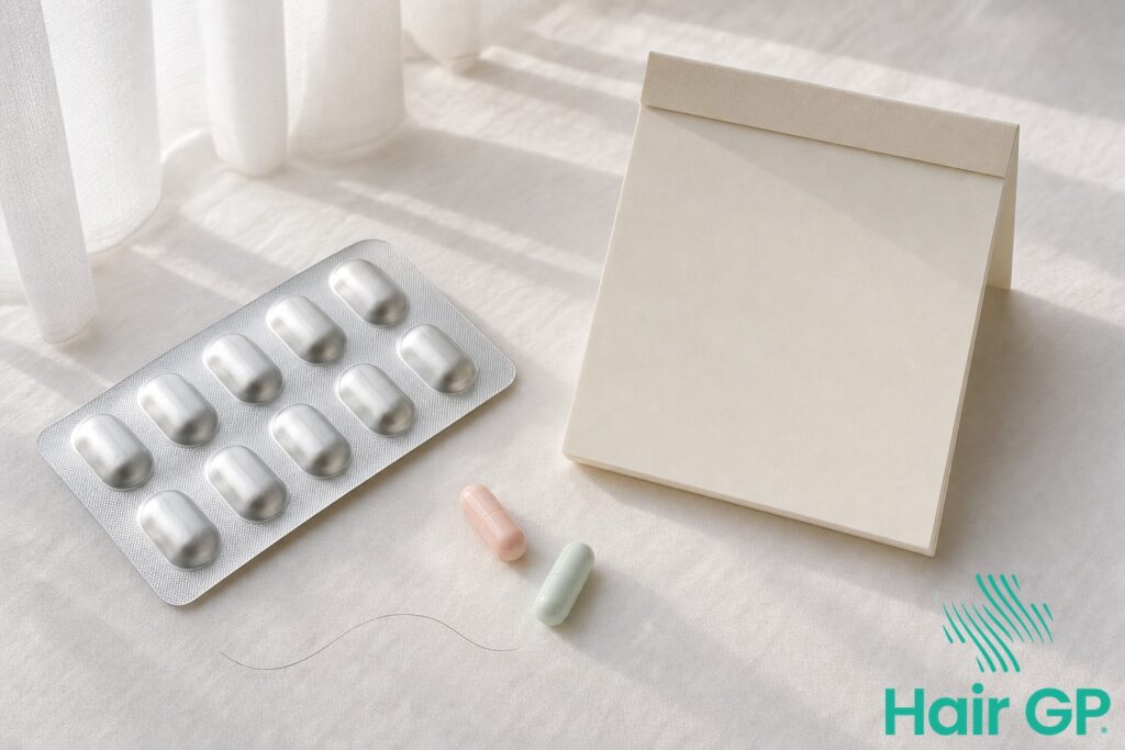 Blister pack and pastel capsules on white linen with hair strand.