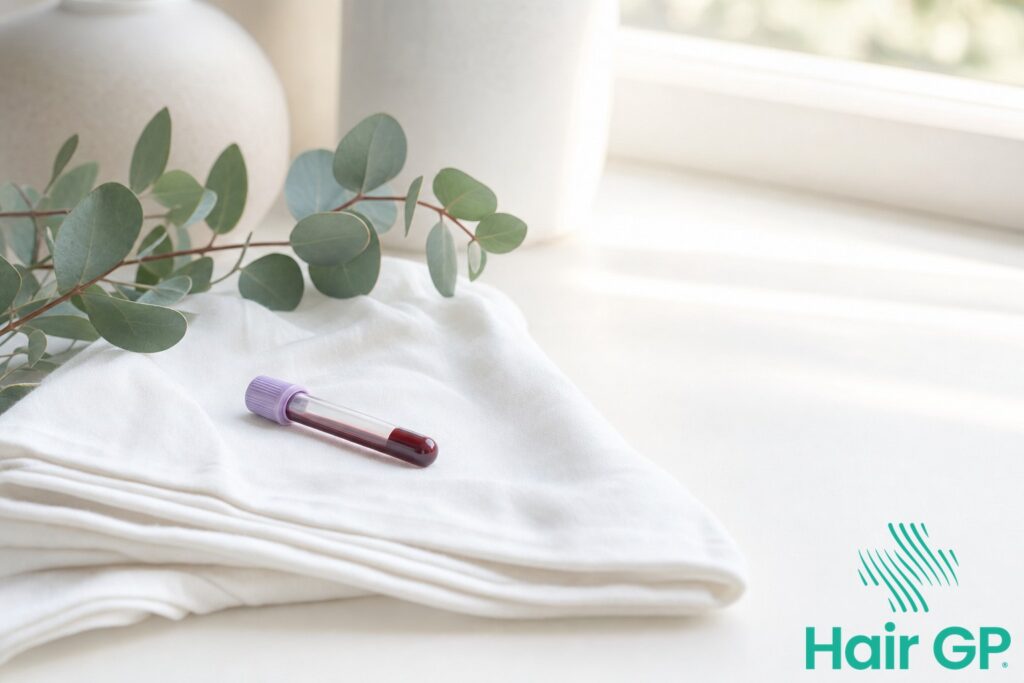 Unlabelled blood collection tube with lavender cap on white linen