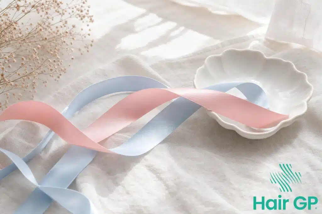 Pale rose pink and powder blue silk ribbons on white linen