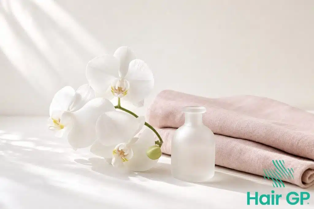 White orchid stem with blush linen and frosted bottle